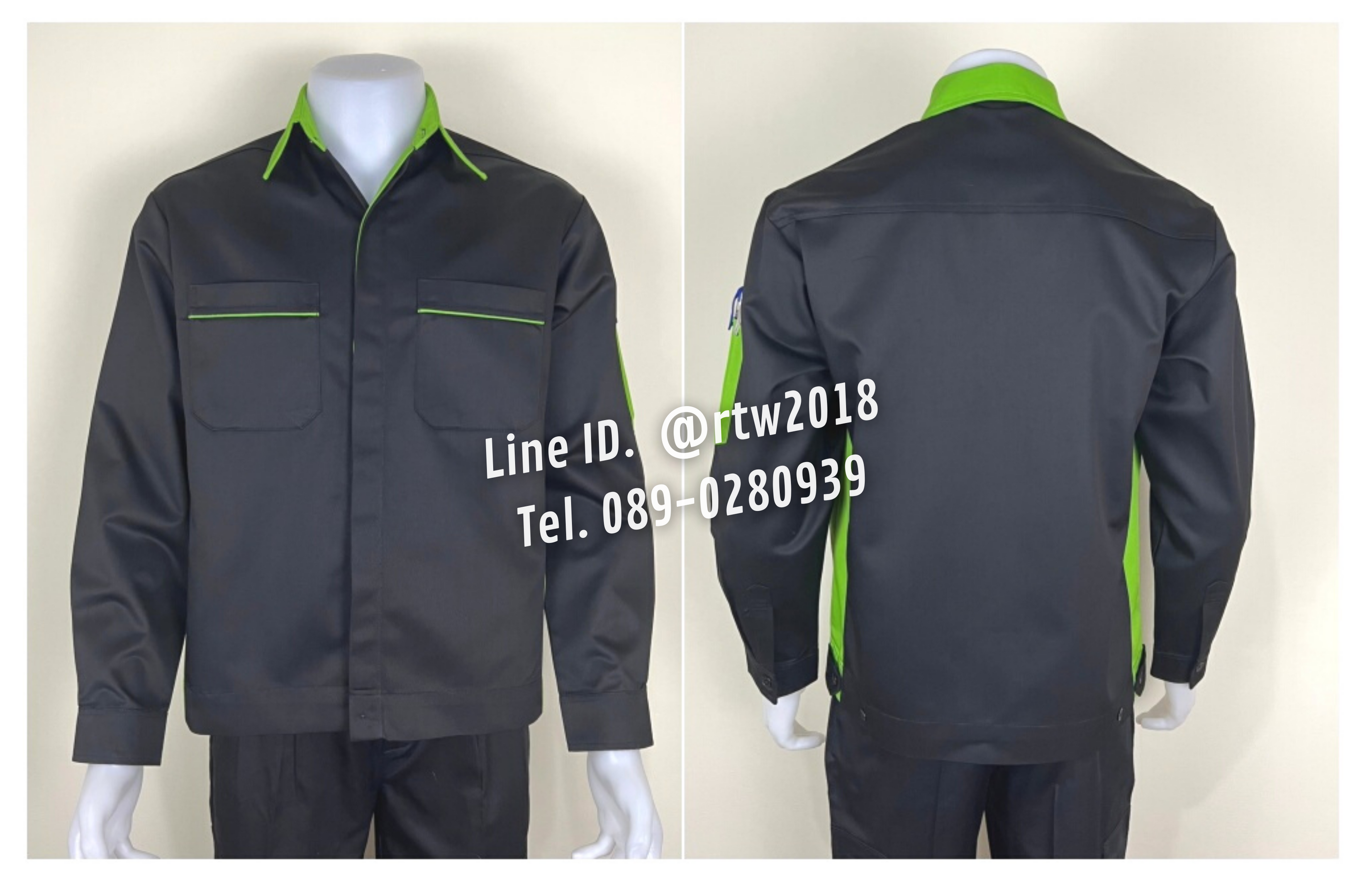 รหัส AB11.3 : เสื้อช่างแขนยาวผ้าคอมทวิวสีดำข้างเขียวอ่อน (ซ่อนสาบ)