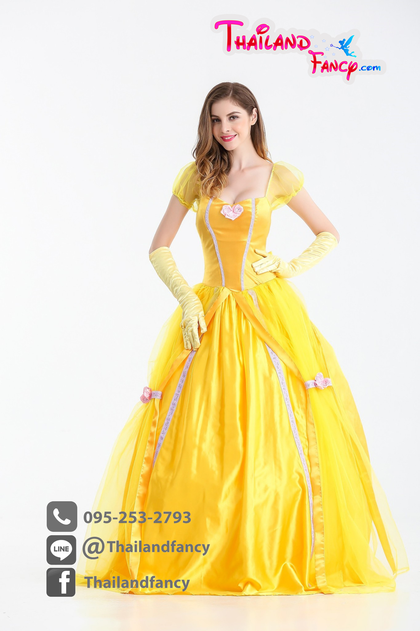 ชุดแฟนซีการ์ตูน ชุดเจ้าหญิงดิสนีย์ เจ้าหญิงเทพนิยาย เจ้าหญิงเบลล์บิวตี้แอนด์เดอะบีสท์ Beauty and the Beast Cosplay ชุดคอสเพลย์เจ้าหญิงเบลล์ รุ่นสีเหลืองแบบยาวพร้อมถุงมือ
