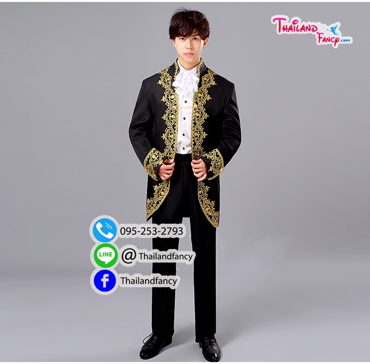 ชุดเช่าแฟนซีผู้ชาย ชุดเช่าเจ้าชาย ชุดเจ้าชายผู้ใหญ่ ชุดเจ้าชายอังกฤษ Cosplay ชุดสูทเจ้าชายสีดำแต่งลายทอง