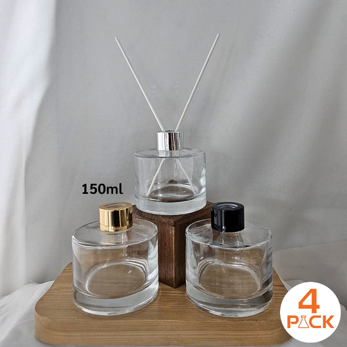 (กล่องละ48ใบ)ขวดแก้ว150mlทรงกลมเตี้ย +ฝาก้านน้ำหอม+จุก