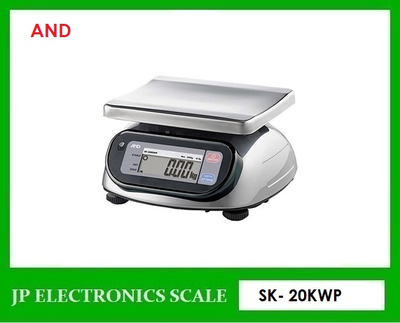 เครื่องชั่งกันน้ำ20กิโลกรัม ตาชั่งกันน้ำ20kg เครื่องชั่งดิจิตอลกันน้ำ20กิโลกรัม เครื่องชั่งดิจิตอล20กิโลกรัม กันน้ำกันความชื้น20kg เครื่องชั่งสแตนเลส20kg เครื่องชั่งน้ำหนักดิจิตอล20kg ค่าละเอียด10g ยี่ห้อ AND รุ่น SK-20KWP ขนาดถาด 232*192mm.