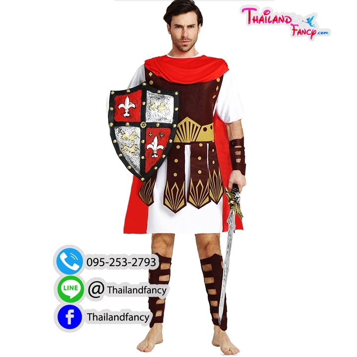 ชุดแฟนซีชาย Cosplay Spartan ชุดเทพเจ้ากรีก ชุดนักรบกรีกโบราณ ชุดกรีกโรมันผู้ชาย ชุดเดรสขาวแต่งผ้าน้ำตาลพร้อมข้อแขนและขา