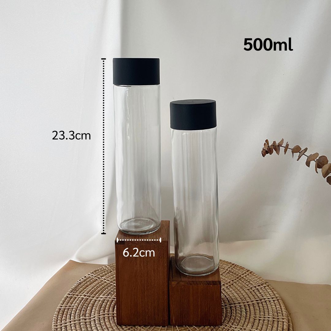 (กล่องละ42ใบ)ขวดแก้ว500mlทรงTUBE+ฝาพลาสติกดำ