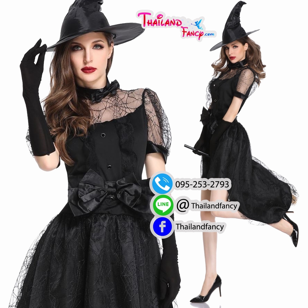 ชุดแฟนซีแม่มดผู้ใหญ่ ชุดคอสเพลย์ฮาโลวีนผู้หญิง Halloween Cosplay ชุดแม่มดผีซอมบี้ ชุดแม่มดสีดำผสมซีทรู พร้อมหมวกและถุงมือ