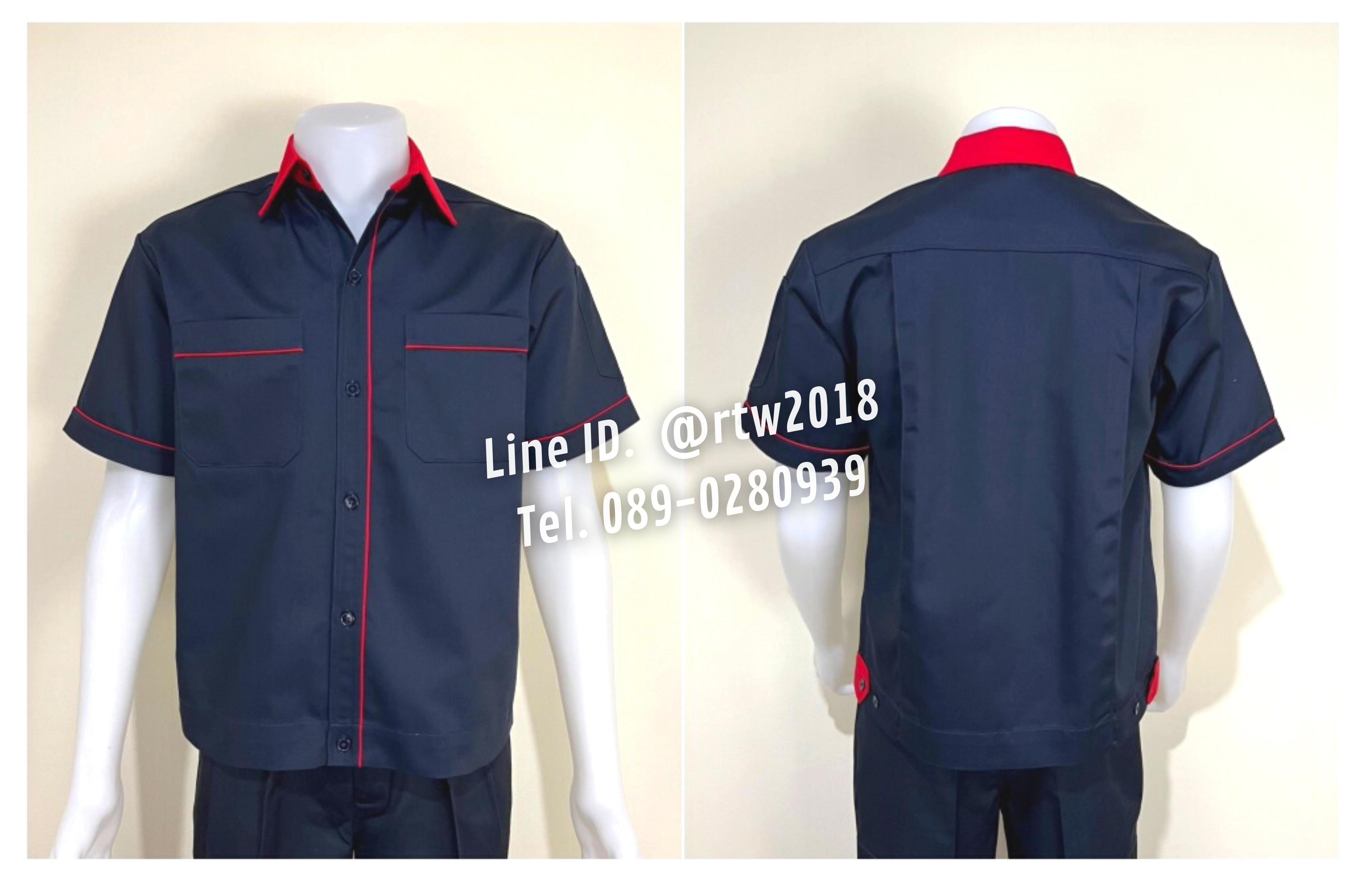รหัส A6.9 : เสื้อช่างแขนสั้นผ้าคอมทวิวสีกรมท่ากุ้นแดง
