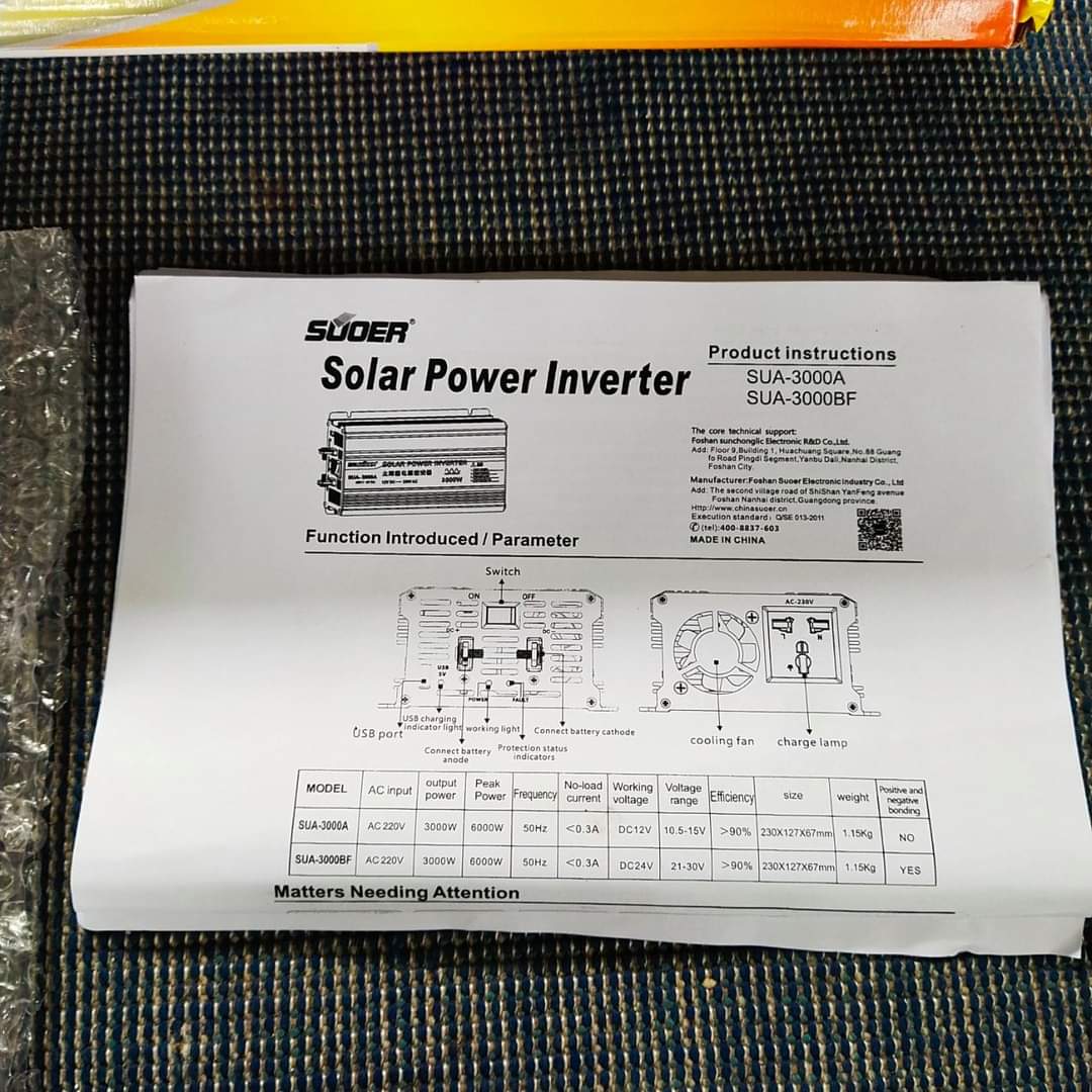 ตัวแปลงไฟ 12V เป็นไฟบ้าน 220V ขนาด 3,000W แถม ตัวคีบแบต +ไฟฉายUSB 1ชิ้น