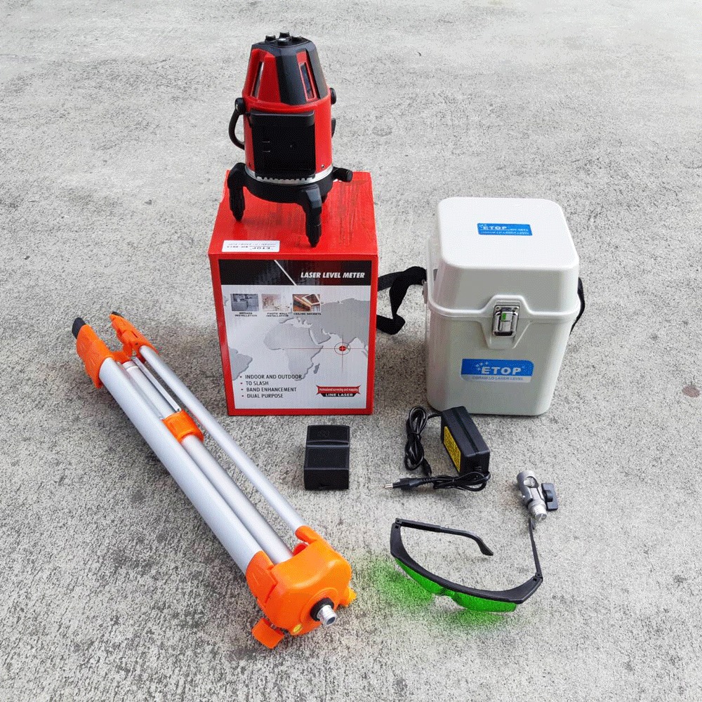 เครื่องวัดระดับเลเซอร์สีเขียว ETOP 5เส้น5สาย+ขาและอุปกรณ์ครบชุด