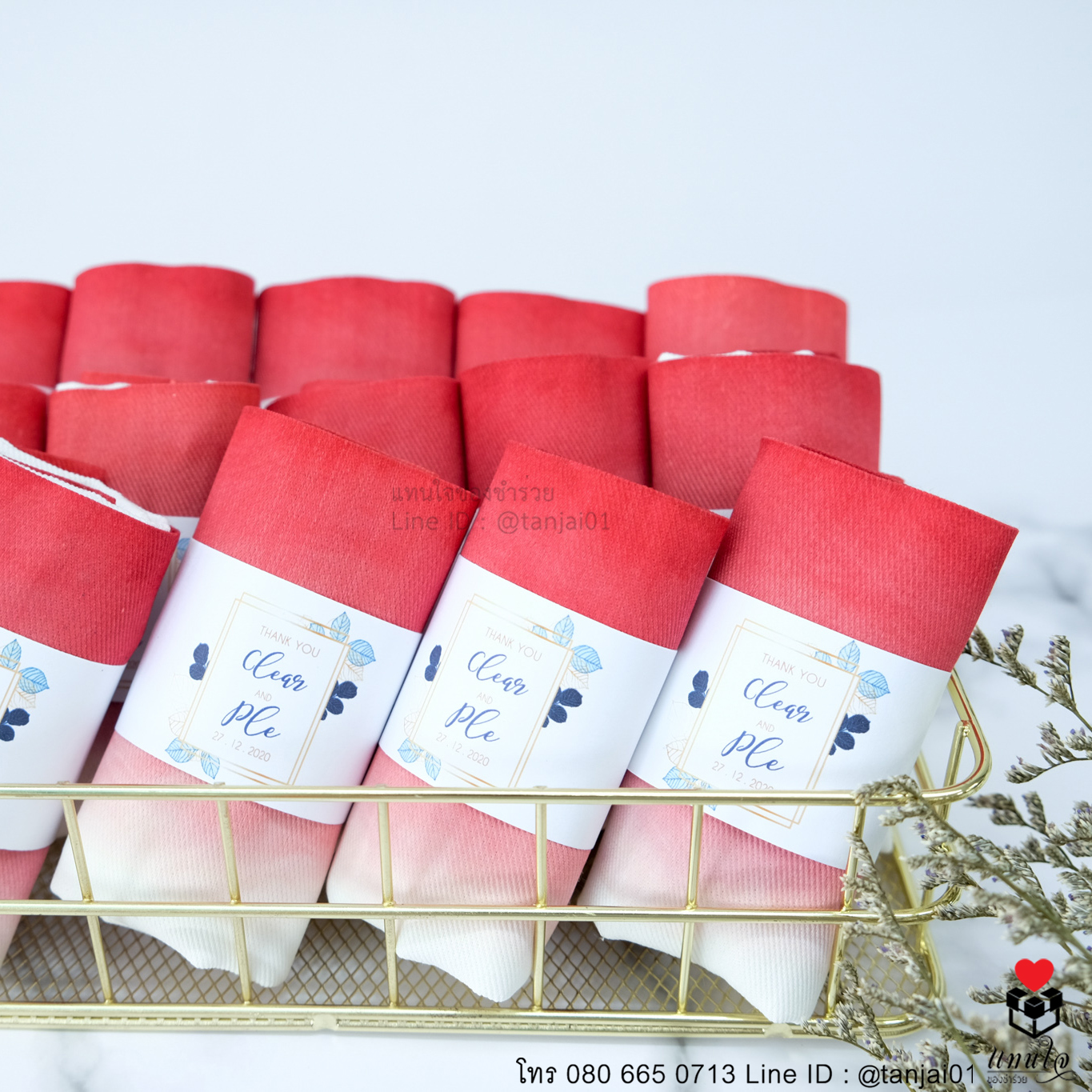 ของชำร่วยงานแต่งงาน ของที่ระลึกงานแต่งงาน ของแจกงานแต่ง ถุงผ้าสกรีนสีครึ่งใบ สายคาดป้ายชื่อ 05