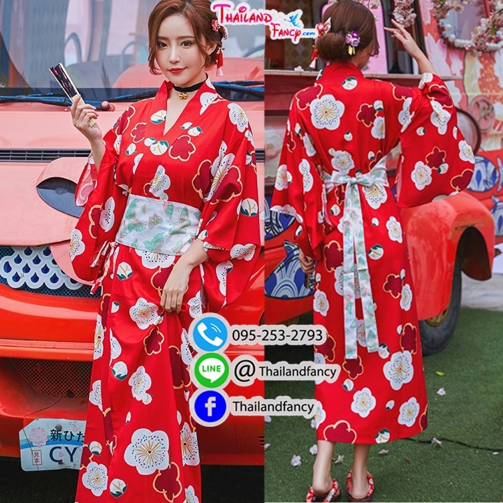 ชุดเช่าแฟนซีผู้หญิง ชุดยูกะตะญี่ปุ่น Anime Cosplay ชุดแฟนซีการ์ตูนอะนิเมะ ชุดกิโมโนญี่ปุ่นผู้หญิงสีแดงลายดอกไม้