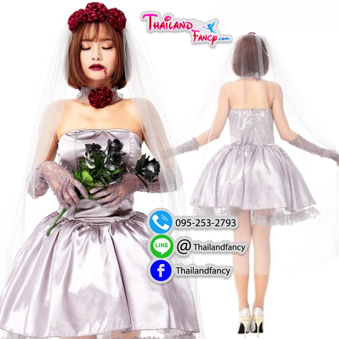 ชุดแฟนซีผีเจ้าสาว ชุดคอสเพลย์ซอมบี้ผู้หญิง ชุดเจ้าสาวผี Halloween Costume ชุดปีศาจสาว ชุดฮาโลวีน ชุดเจ้าสาวผีสีเทาดอกไม้แดง