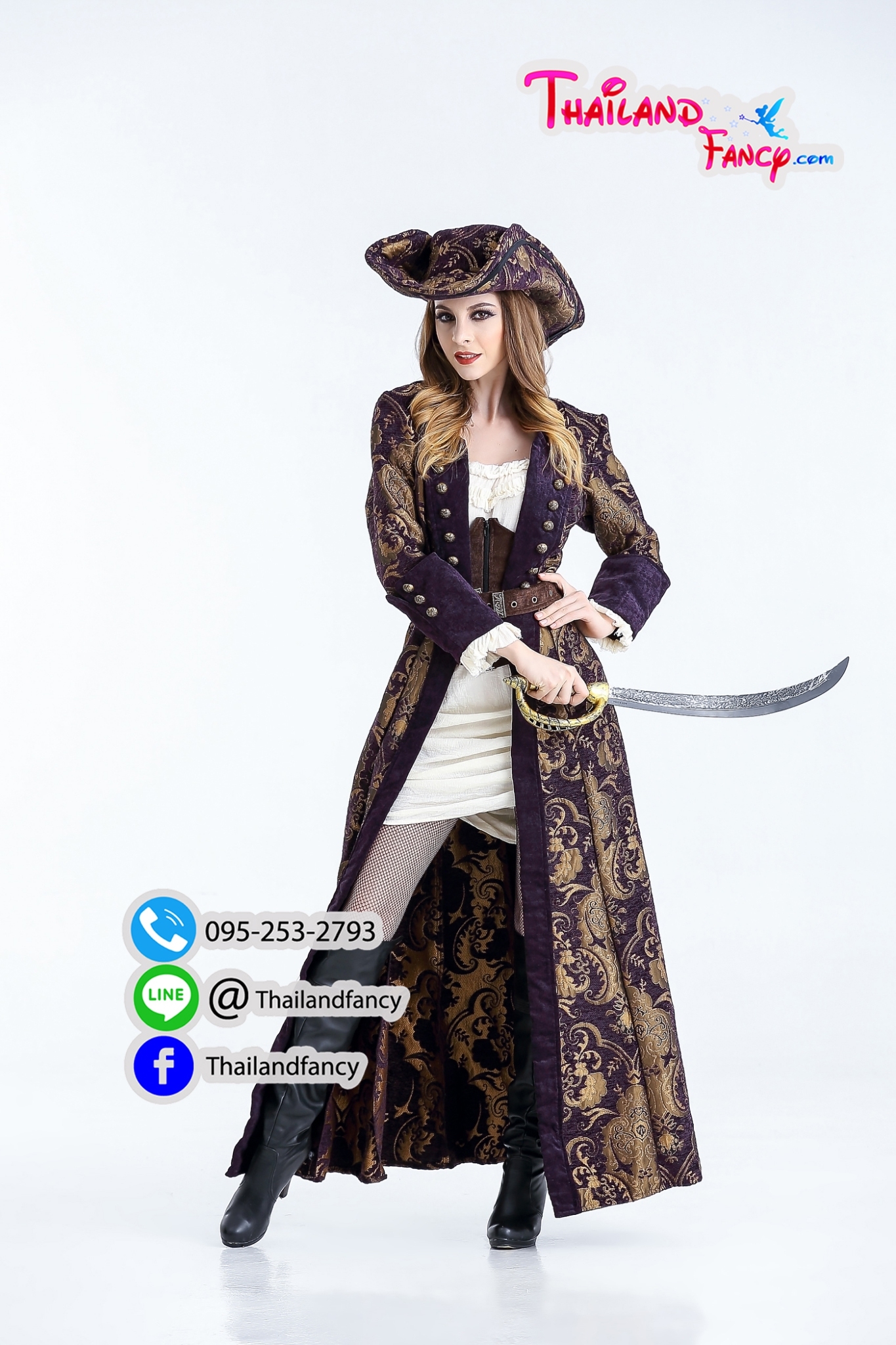 ชุดเช่าแฟนซีผู้หญิง ชุดโจรสลัด แจ็ค สแปร์โรว์หญิง Pirate Cosplay ชุดคลุมโจรสลัด ชุดเช่าโจรสลัดสาวผ้าลูกฟูกสีน้ำตาล-ม่วง