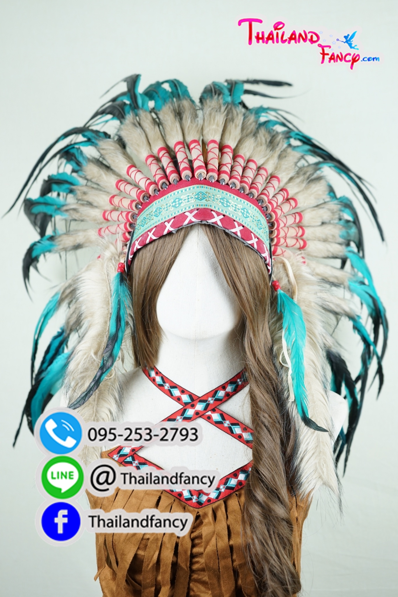 เช่าอุปกรณืแฟนซี หัวขนนกแฟนซี เช่าหัวอินเดียแดงแฟนซี หัวชนเผ่าขนนก หัวขนนกโบฮีเมี่ยน หมวกอินเดียแดงขนนกหัวหน้าเผ่าสีฟ้าน้ำทะเล