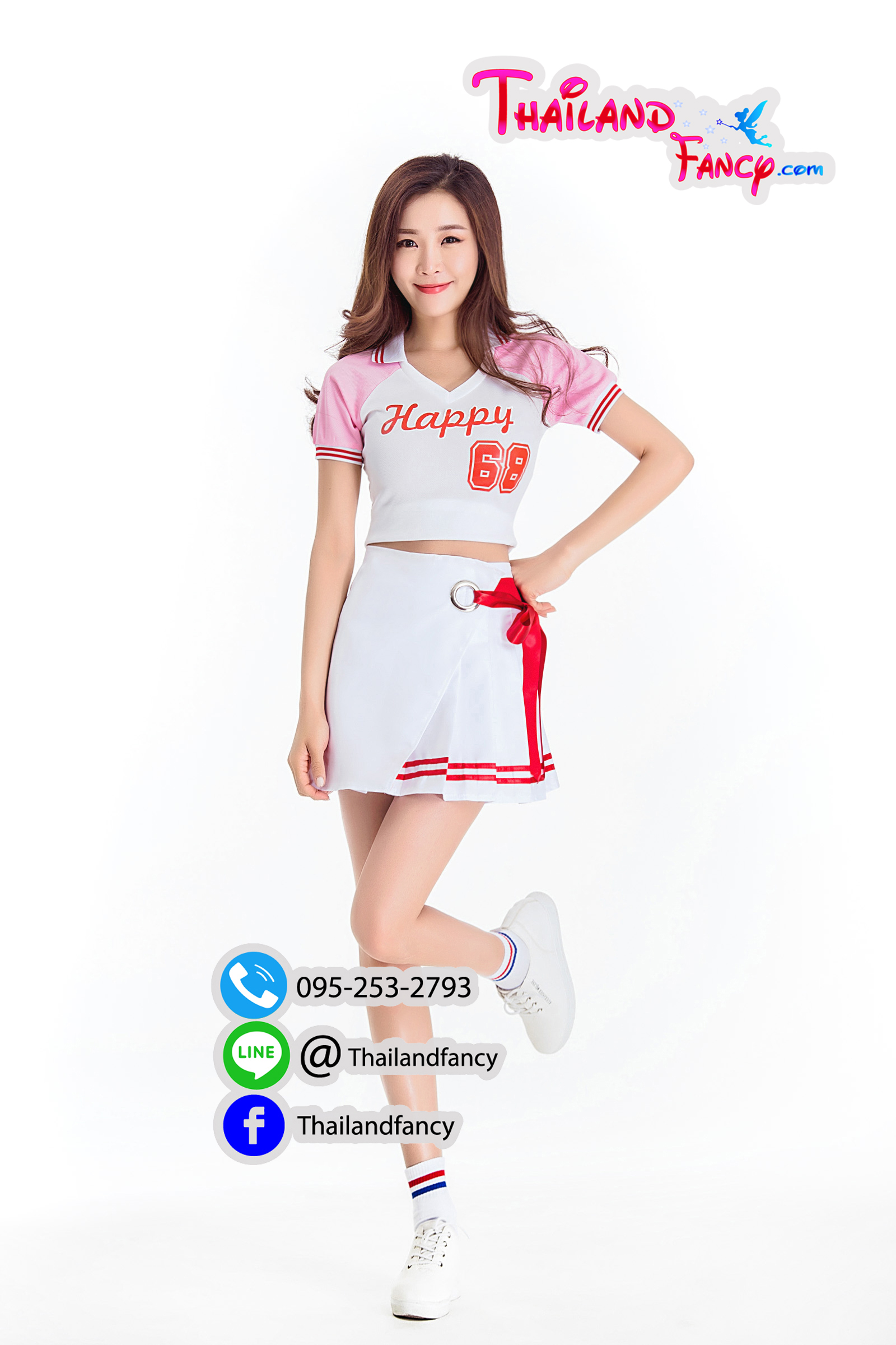 ุชุดแฟนซี ชุดคอสเพลย์เชียร์กีฬา ชุดปอมปอมเชียร์ Cheerleader ชุดเชียร์ลีดเดอร์ สีขาวแขนชมพูโปรงจีบผูกโบว์แดง ชุดปาตี้ปีใหม่ ปาตี้ต้อนรับปีใหม่