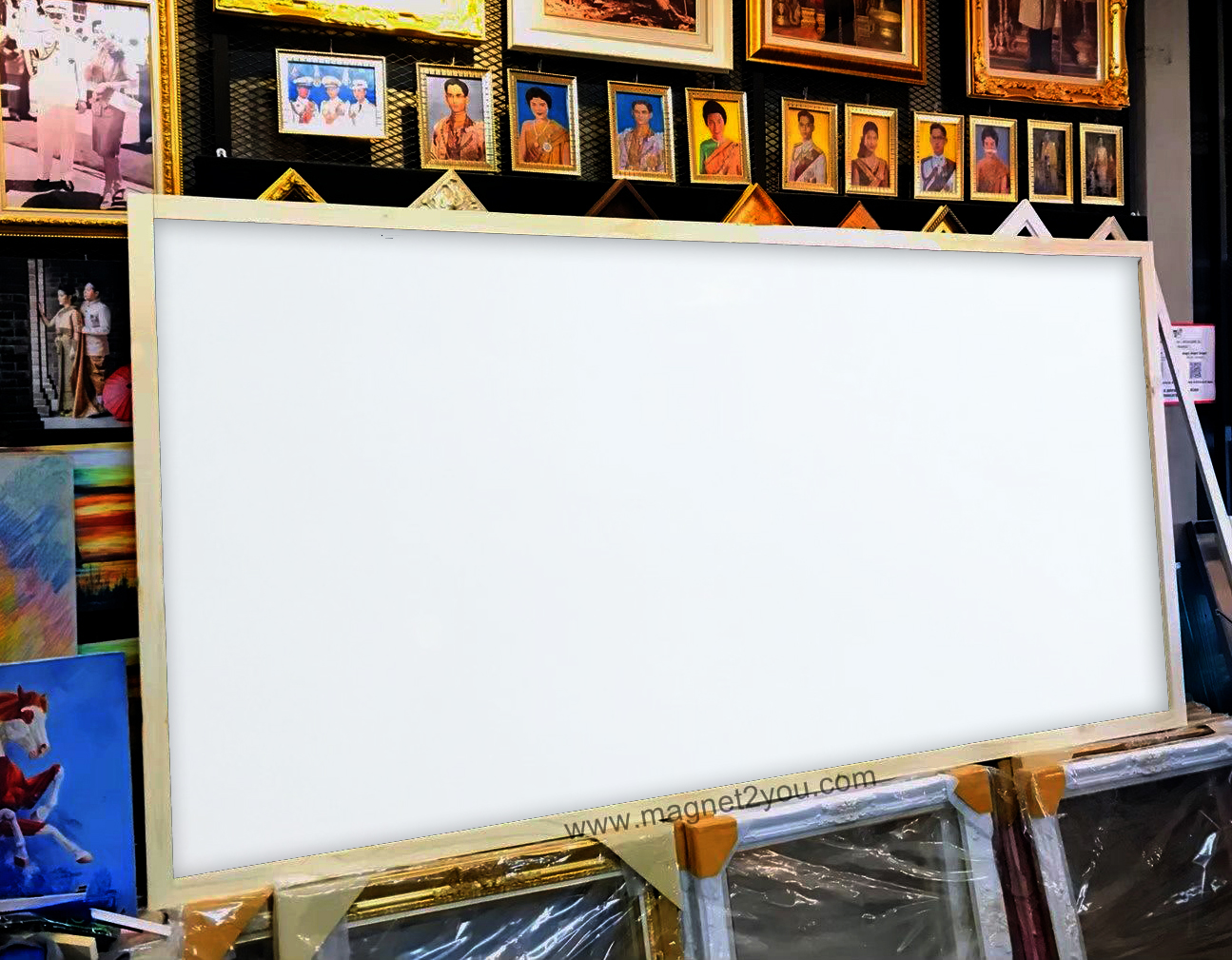 กระดานไวท์บอร์ดติดแม่เหล็กได้ 120x240 ติดผนัง (โครง 10 MM)กรอบไม้สนเลือกสีได้