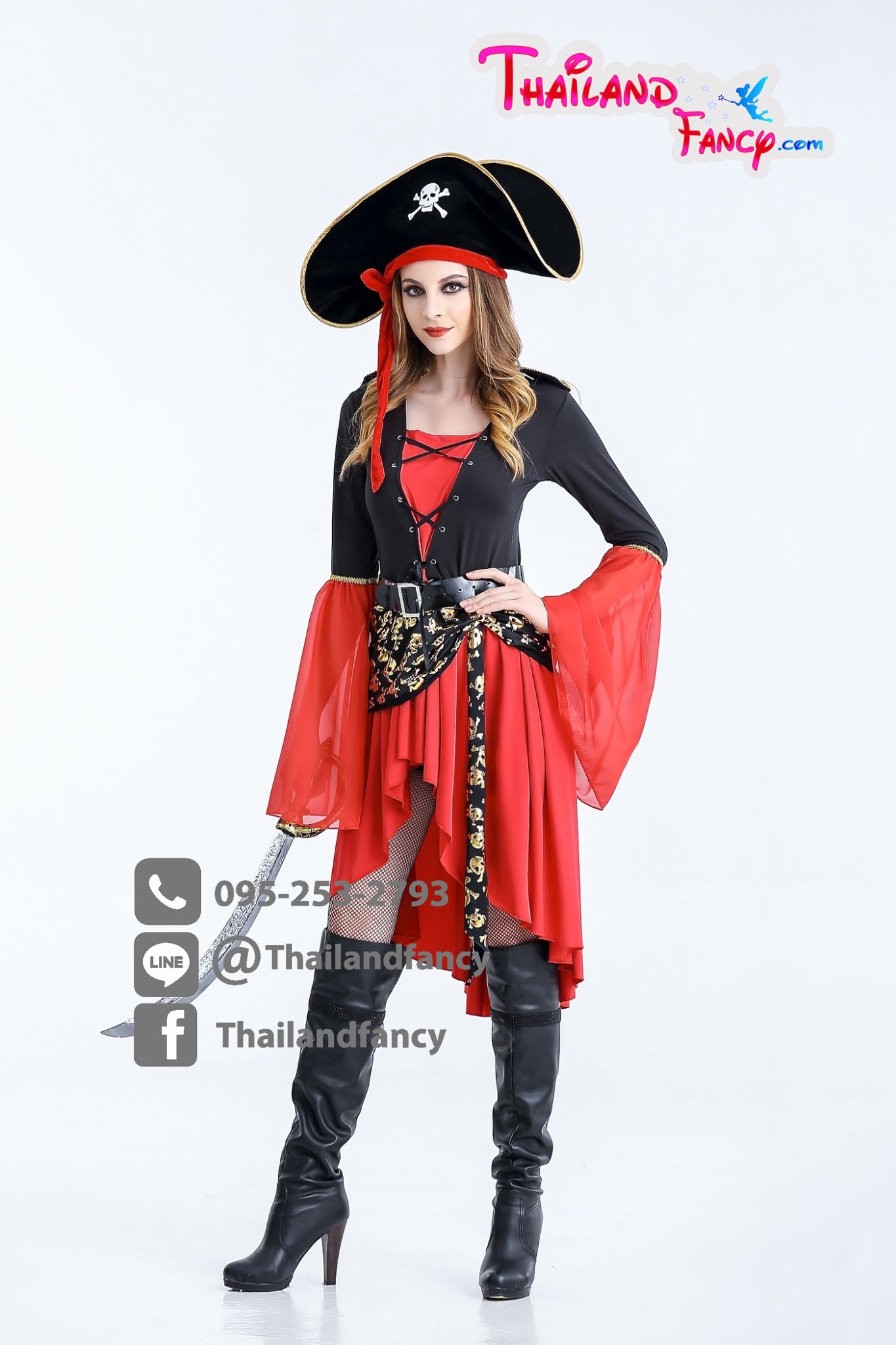 ชุดแฟนซีโจรสลัด ชุดฮาโลวีน Halloween ชุดโจรสลัดหญิง Pirate Cosplay เดรสสีดำแดงปลายแขนกระดิ่งแต่งลายกระโหลกสีทอง