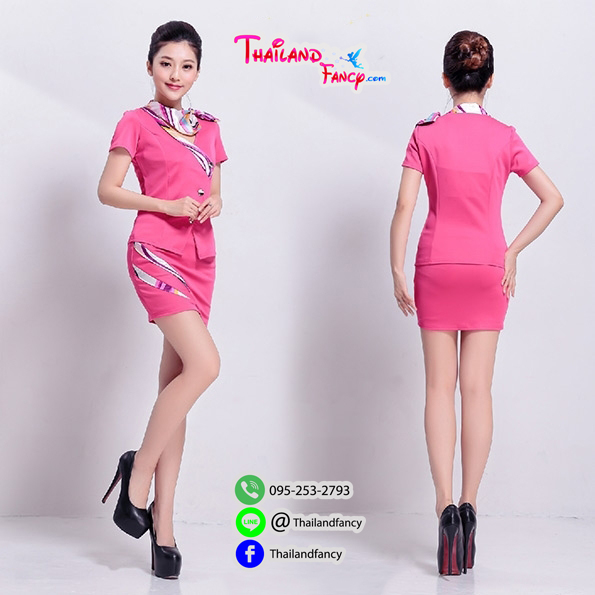 ชุดยูนิฟอร์ม Cosplay Air Hostess ชุดสาวสายการบิน ชุดแอร์โฮสเตท ชุดพนักงานต้อนรับ ชุดแฟนซีสาวแอร์สีชมพูสดแต่งผ้าลายทาง กระโปรงทรงสอบเข้ารูป
