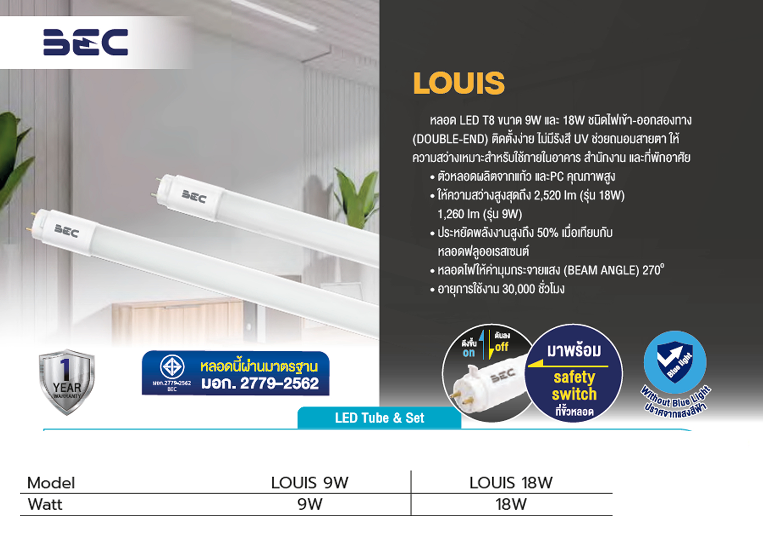 หลอด LED Tube T8 #LOUIS 9W,18W BEC