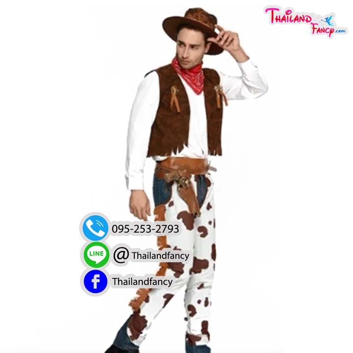 ชุดแฟนซีชาย Cowboy Cosplay ชุดคนเลี้ยงวัว ชุดโคบาล ชุดคาวบอยผู้ชาย ชุดสไตล์คาวบอยสีขาวน้ำตาลลายวัวพร้อมเสื้อกั๊ก