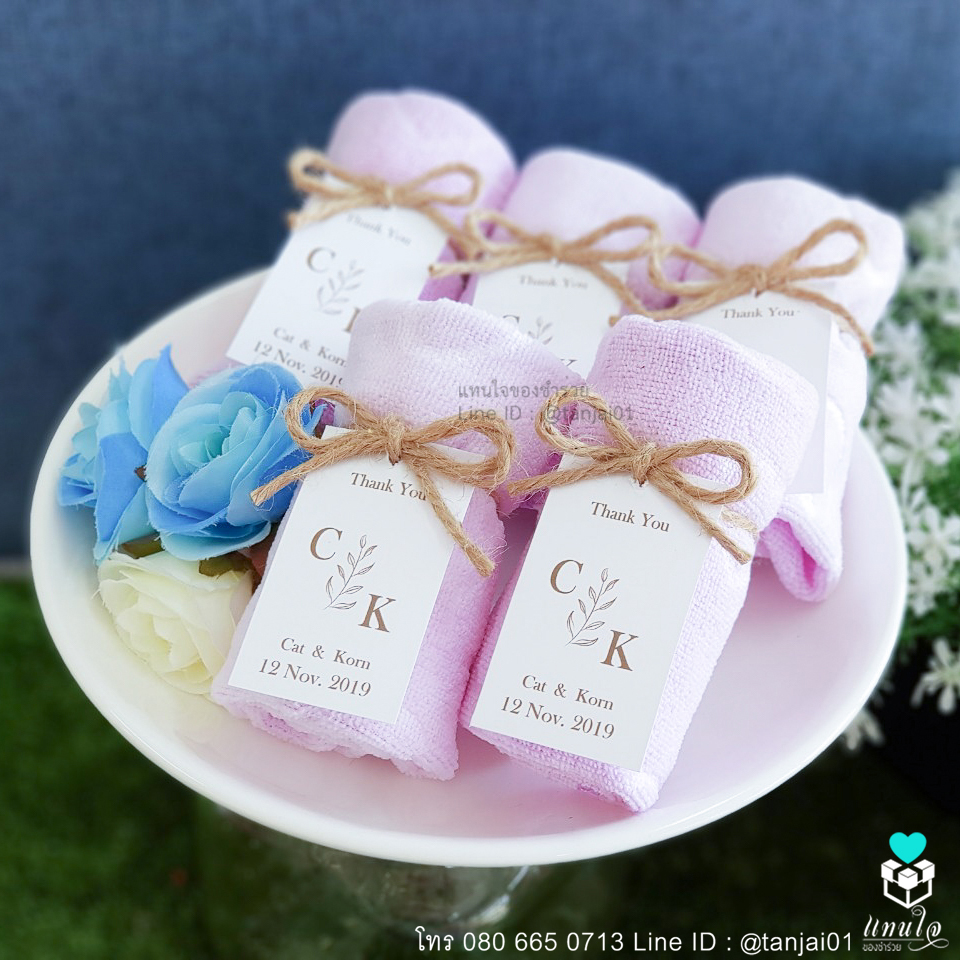 ผ้าหมีเล็ก ของชำร่วยงานแต่งงาน แพ็คเกจผูกเชือกป่าน ป้ายชื่อ สีเขียว ชมพู ม่วง ฟ้า 09