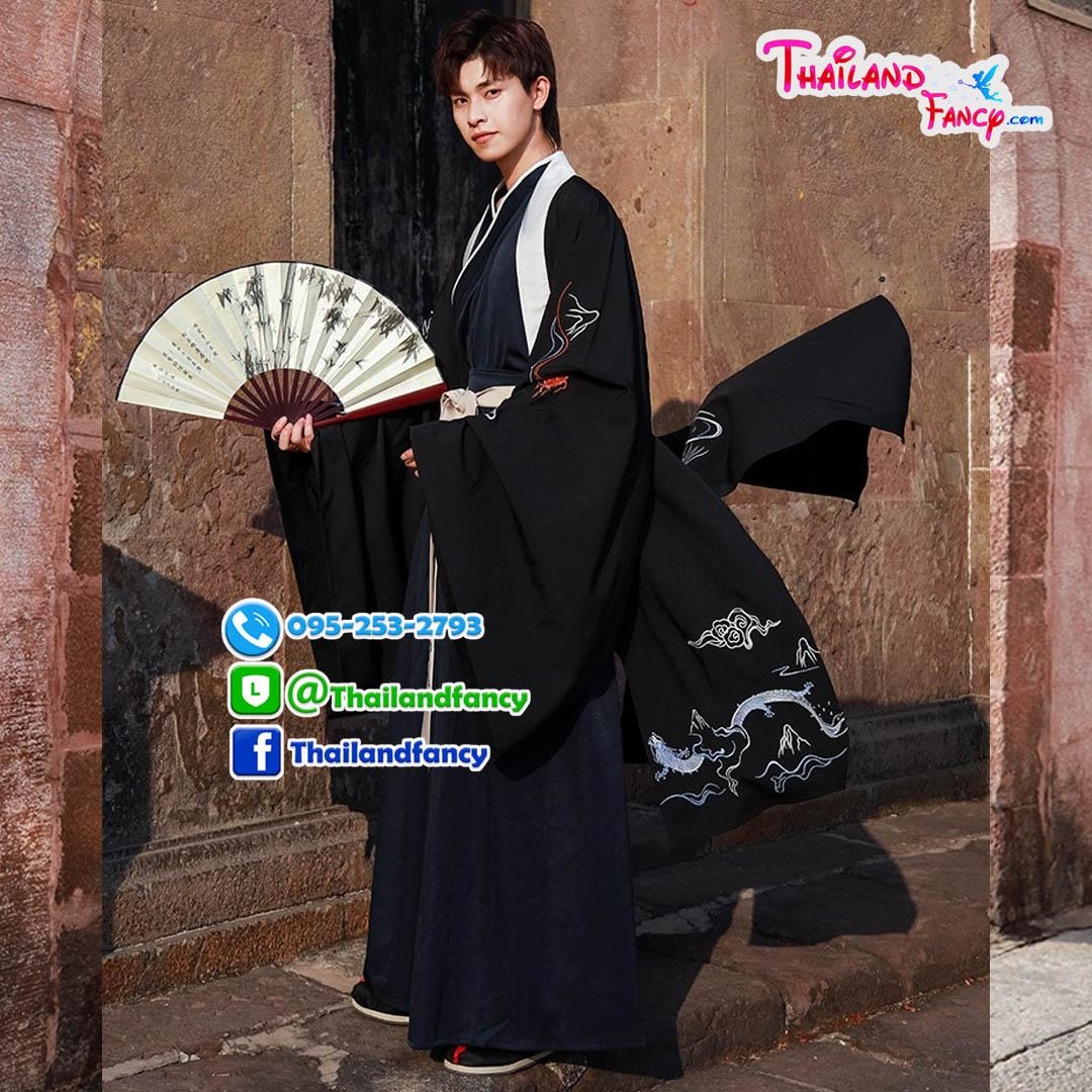 ชุดเช่าแฟนซีผู้ชาย เช่าชุดจอมยุทธ์ผู้ชาย ชุดแฟนซีนานาชาติ ชุดจีนโบราณ ชุดเกาหลีโบราณ ชุดจีนกำลังภายในชาย ชุดเช่าจอมยุทธชุดสีกรม-ดำ ลายมังกร
