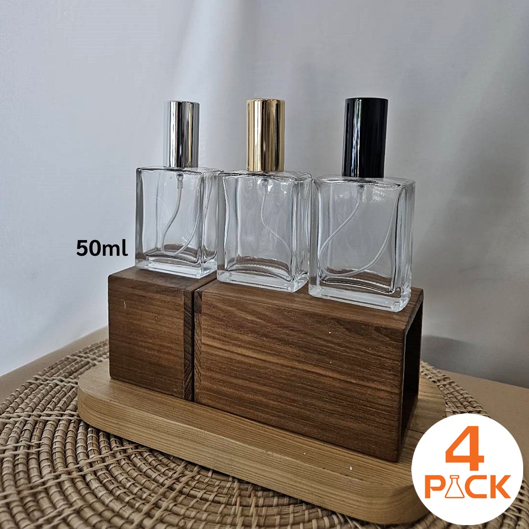 (กล่องละ 120ใบ)ขวดแก้ว50ml ทรงแบน +ฝาสเปรย์ เงิน/ทอง/ดำ