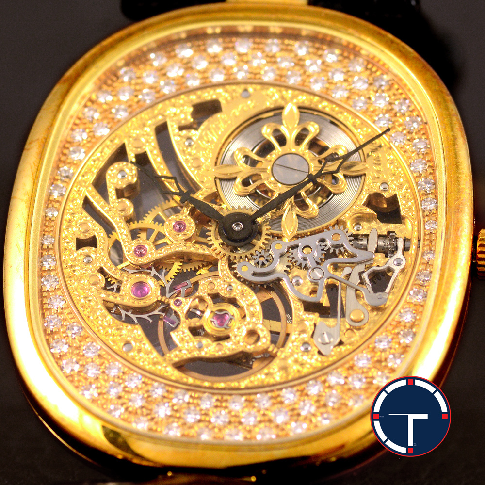 **ขายแล้ว** Patek Philippe Golden Ellipse Ref.3881 หน้าปัดทองคำแกะสลัก ฝังเพชร ตัวเรือนทองคำ หลังเปลือยทองคำแกะสลัก สายหนังแท้ หัวเข็มขัดแท้ ไขลาน ขนาด 32 x 27 mm