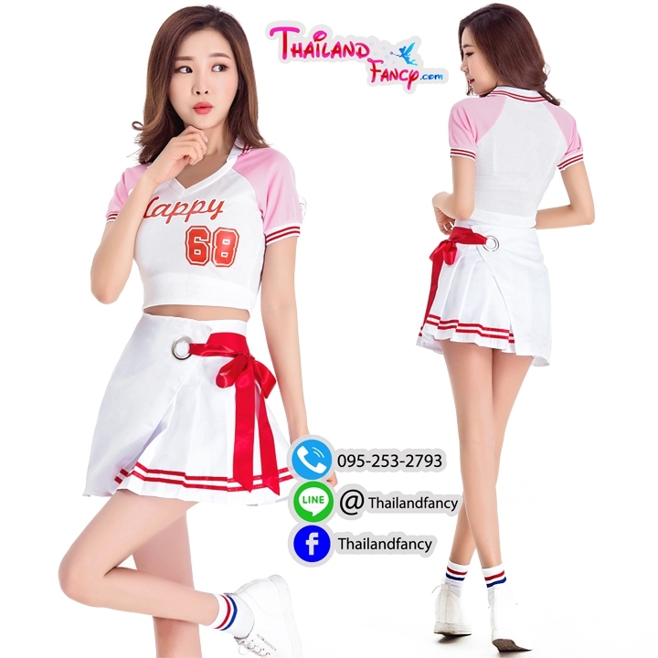 ุชุดแฟนซี ชุดคอสเพลย์เชียร์กีฬา ชุดปอมปอมเชียร์ Cheerleader ชุดเชียร์ลีดเดอร์ สีขาวแขนชมพูโปรงจีบผูกโบว์แดง ชุดปาตี้ปีใหม่ ปาตี้ต้อนรับปีใหม่