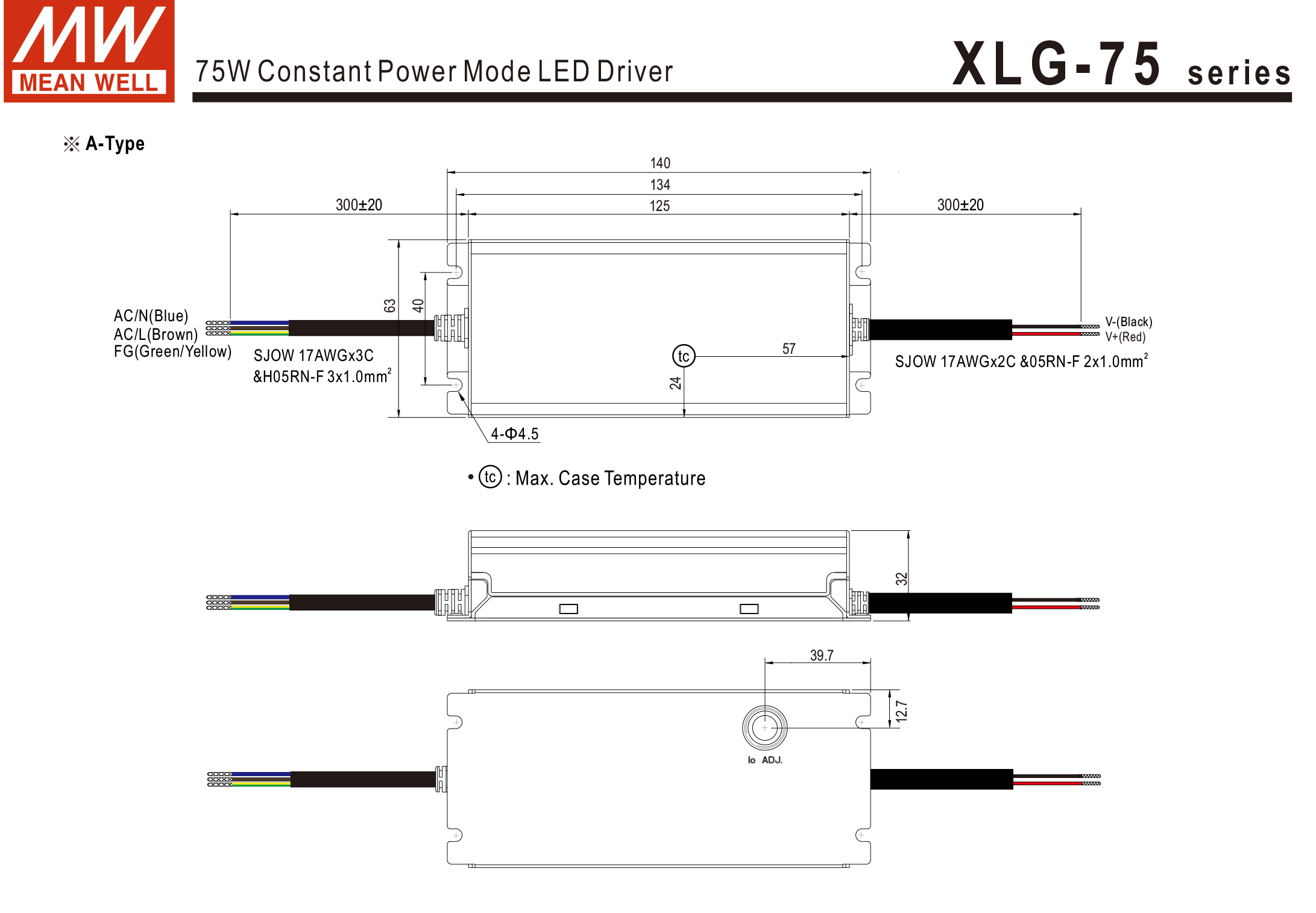 หม้อแปลง Constant Power LED Driver IP67 XLG series Meanwell 74W 12 / 24Vdc