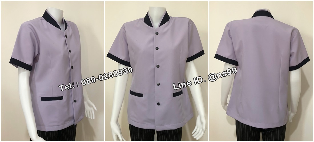 รหัส C12 : เสื้อแม่บ้านคอจีนแขนสั้นสีม่วงเทา/กรมท่า