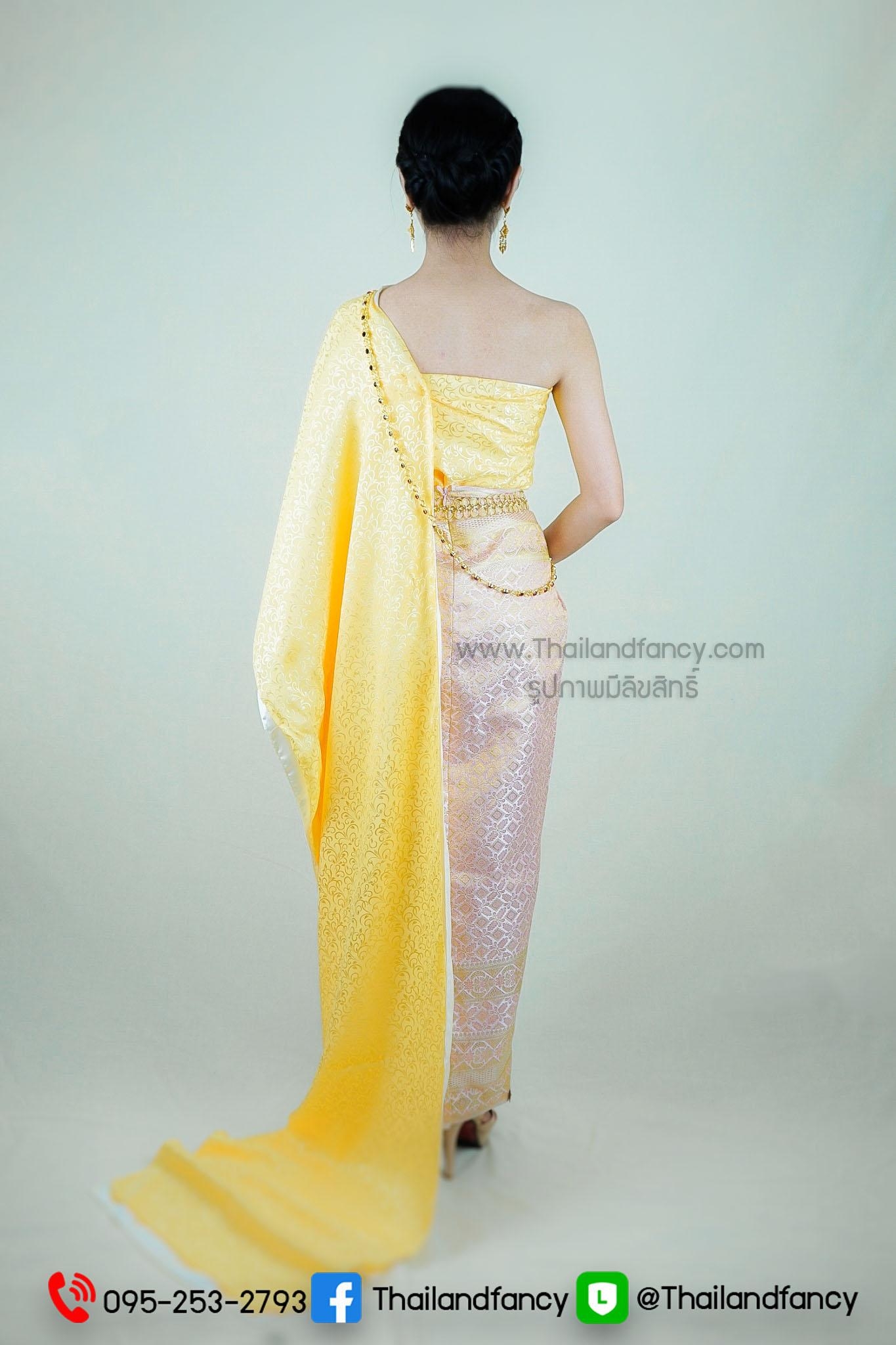 ชุดไทยย้อนยุค ชุดไทยสมัยอยุธยา ชุดไทยประยุกต์ ชุดไทยสไบออเจ้า ชุดไทยสไบเหลืองทองกับผ้าถุงจีบหน้านางเสมือนนุ่งสด