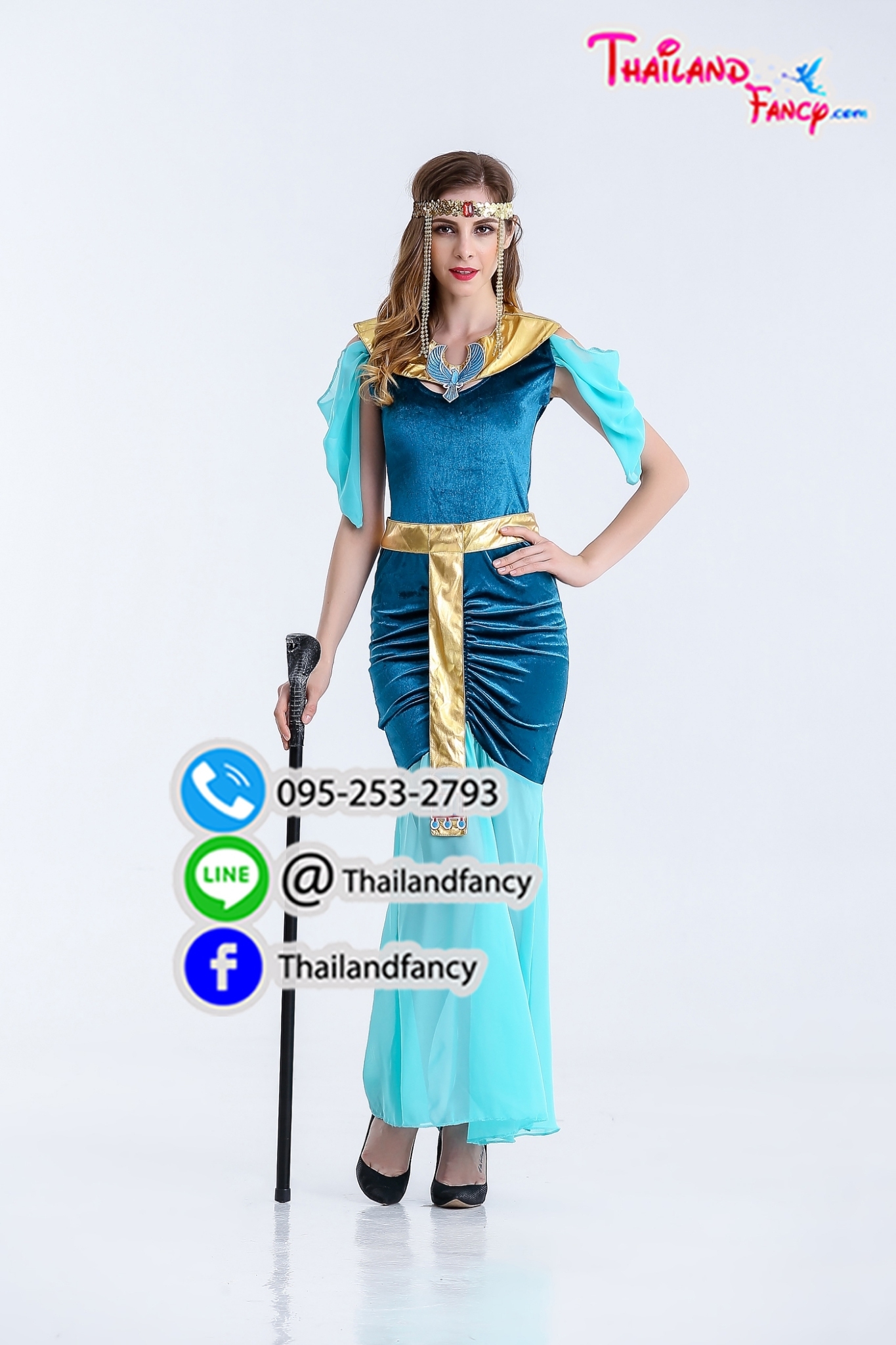 ชุดแฟนซีผู้หญิง Cleopatra Cosplay ชุดเทพเจ้ากรีก ชุดเทพธิดากรีก ชุดอียิปต์ ชุดคลีโอพัตรา ชุดโรมันหญิง เดรสสีฟ้าแต่งทอง