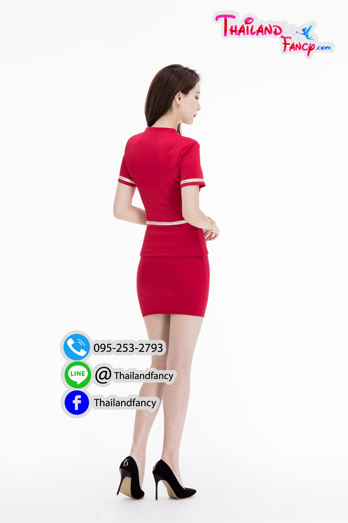 ชุดแฟนซีสาวแอร์ Cosplay Airhostess ชุดยูนิฟอร์ม ชุดสาวสายการบิน ชุดพนักงานต้อนรับ ชุดต้อนรับตรุษจีน ชุดแอร์โฮสเตทสีแดง กระดุมแถวคู่