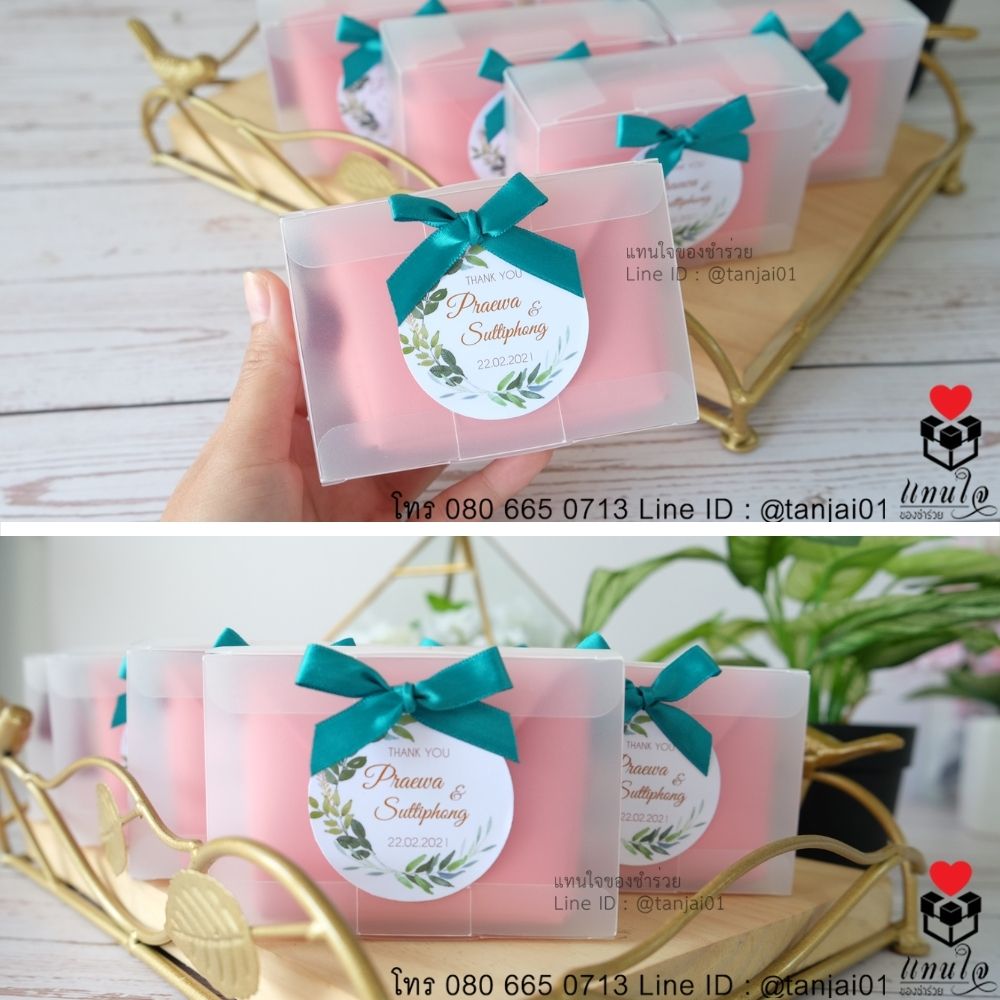 ของชำร่วยงานแต่งงาน กระเป๋าใส่เหรียญสีพาสเทล ติดสติ๊กเกอร์ป้ายชื่อ และโบว์ เลือกสีโบว์ตามธีมงานได้จ้า