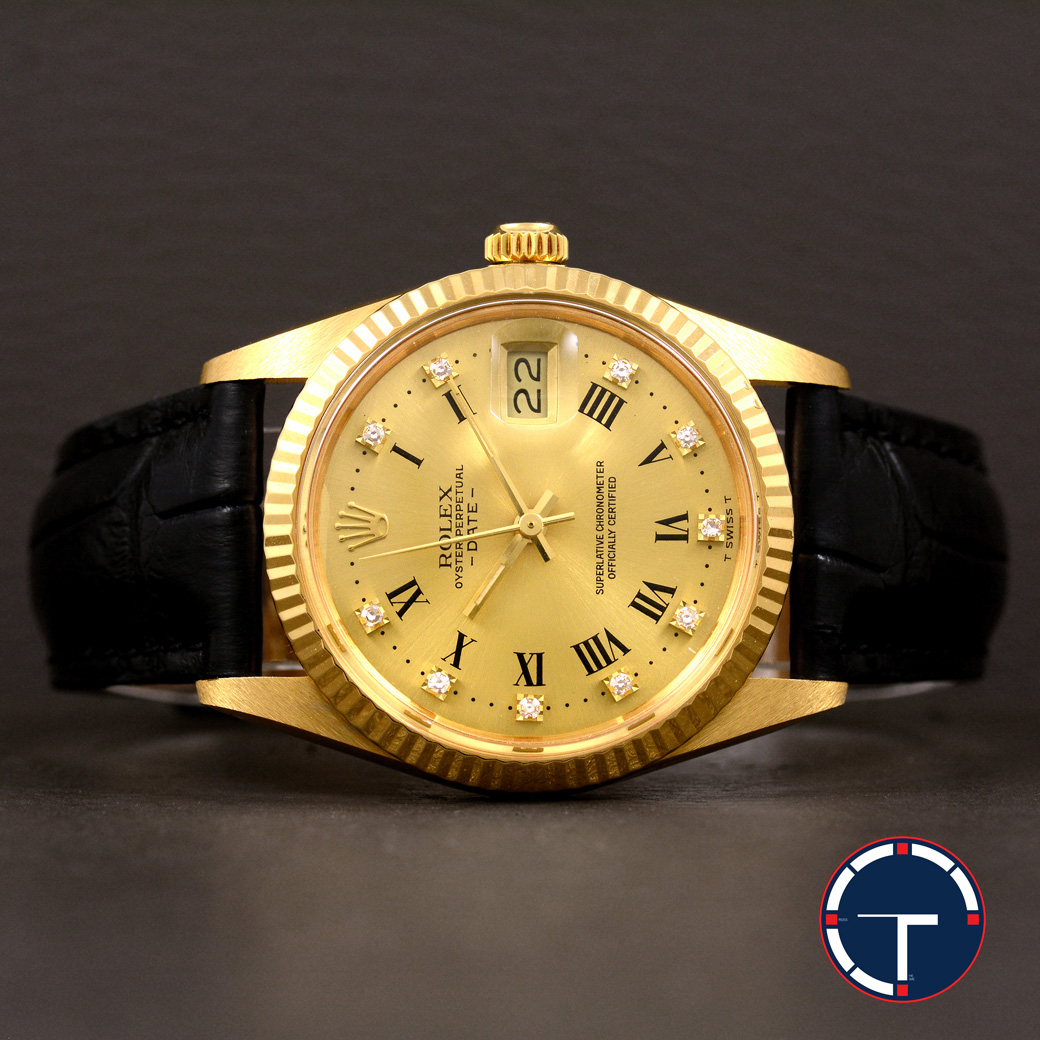 Rolex Date Ref.15038 หน้าปัดสีทอง หลักชั่วโมงเลขโรมันหลักเพชร ตัวเรือนทองคำ18K ก้นเขียว นาฬิกาปี1986 Automatic ขนาด 34 mm