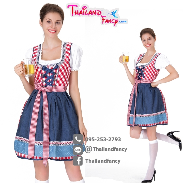 ชุดแฟนซีบาวาเรีย ชุดเชียร์เบียร์ ชุดสาวเสิร์ฟ Oktoberfest Beer Cosplay ชุดแม่บ้านลายสก็อตแดงโปรงน้ำเงิน