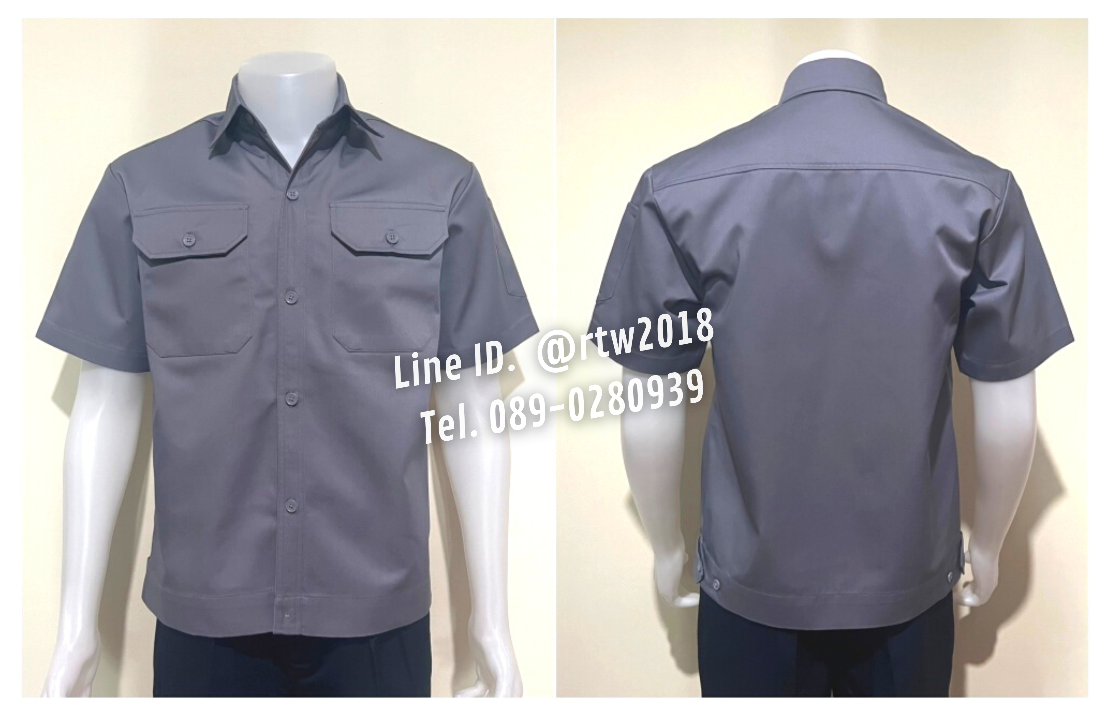 รหัส A2.2 : เสื้อช่างแขนสั้นผ้าคอมทวิวสองกระเป๋าที่อกสีเทาล้วน