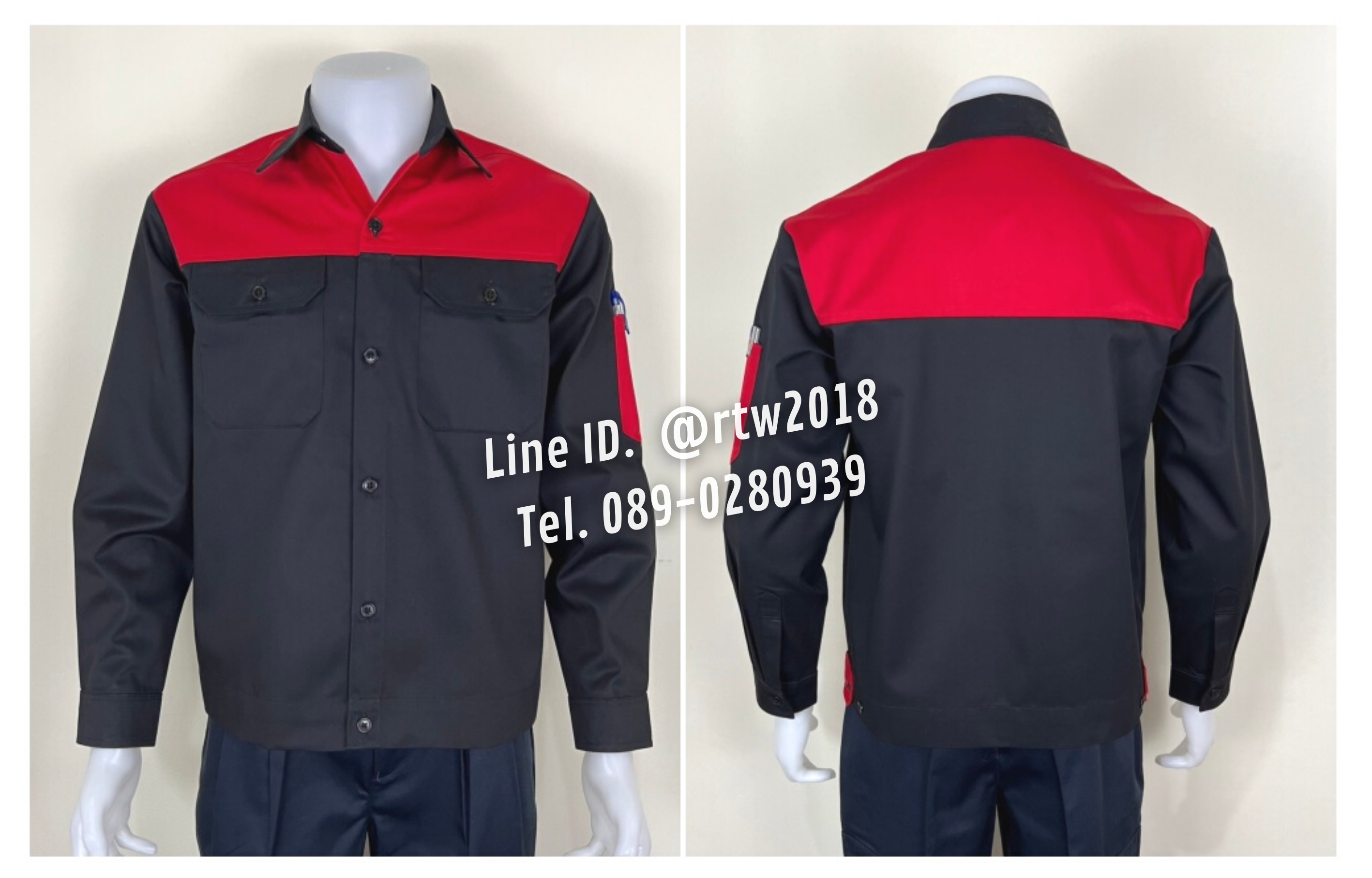รหัส AB16.1 : เสื้อช่างแขนยาวผ้าคอมทวิวสีดำอกแดง