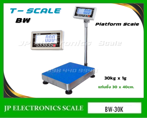 เครื่องชั่งตั้งพื้น30kg เครื่องชั่งดิจิตอล30kg เครื่องชั่งวางพื้น30กิโลกรัม เครื่องชั่งน้ำหนัก30kg ตาชั่ง30กิโลกรัม กิโลดิจิตอล30kg เครื่องชั่ง30kg ค่าละเอียด1g ยี่ห้อ T-SCALE รุ่น BW ขนาดแท่นชั่ง 30x40cm.