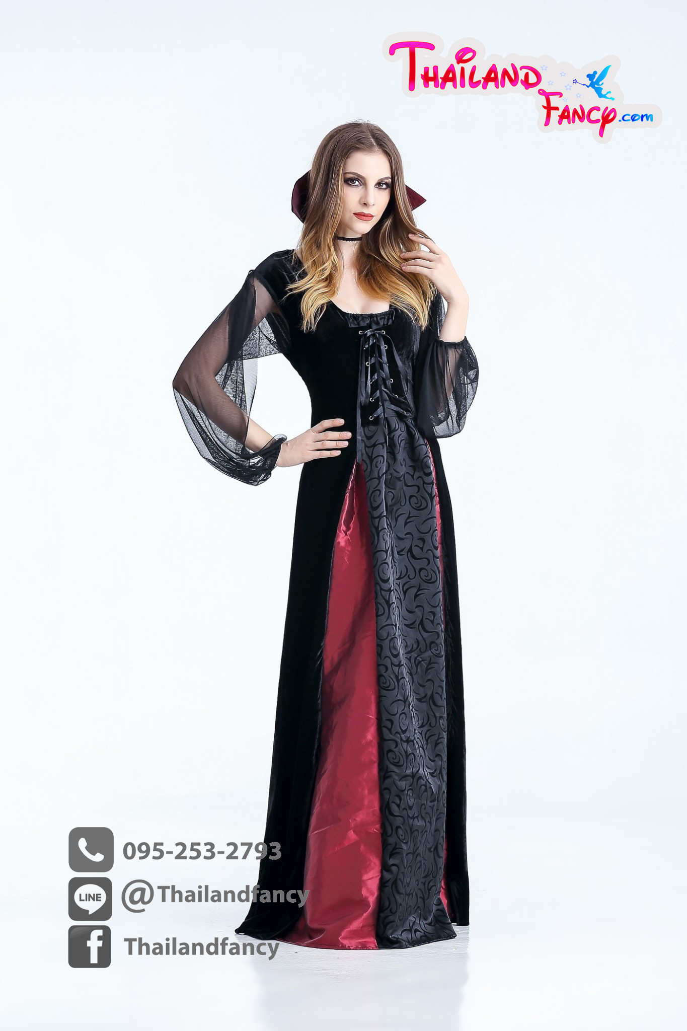 ชุดแฟนซีแวมไพร์ ชุดคอสเพลย์แวมไพร์ Cosplay Halloween ชุดแวมไพร์หญิง ชุดสาวแวมไพร์ ชุดแดร็กคูล่าหญิง ชุดราชินีแวมไพร์ดำแดงพร้อมปกคอตั้ง