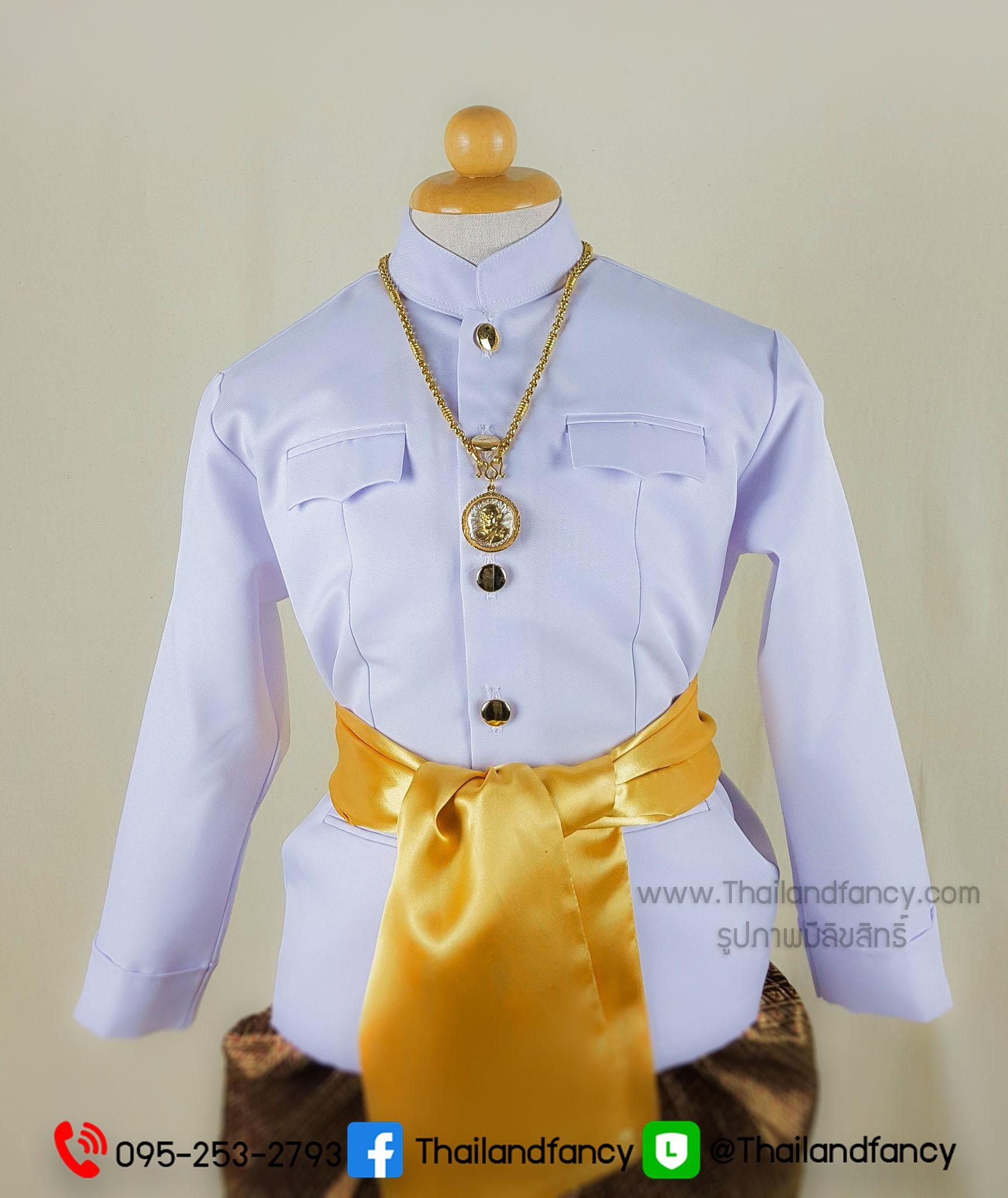 ชุดไทยเด็ก ชุดไทยย้อนยุค ชุดไทยสมัยรัชกาลที่5 ชุดไทยประยุกต์ ชุดไทยเสื้อราชปาแตนเด็กชายสีทองเข้าคู่กับผ้านุ่งโจงกระเบน