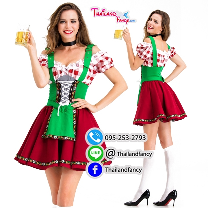 ชุดแฟนซีบาวาเรีย ชุดเชียร์เบียร์ ชุดสาวเสิร์ฟ Oktoberfest Beer Cosplay ชุดปาร์ตี้อ็อคโทเบอร์เฟส ชุดแม่บ้านลายสก็อตแดงผ้ากันเปื้อนเอี๊ยมเขียว
