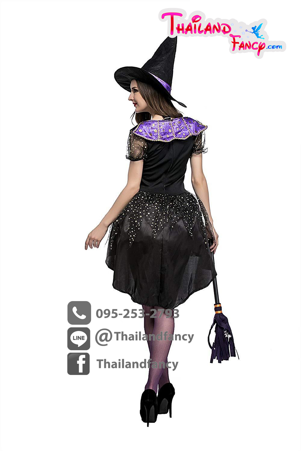 ชุดแฟนซีแม่มด ชุดคอสเพลย์นักเวทย์ ชุดแม่มด ชุดซอมบี้ผีแม่มด ชุดฮาโลวีน แม่มดสีม่วงดำแต่งขลิบทอง พร้อมหมวกแม่มด