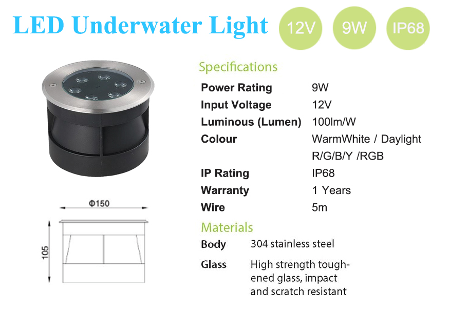 โคมไฟใต้น้ำ Underwater Light 12V 3W,6W,9W /24V 15W