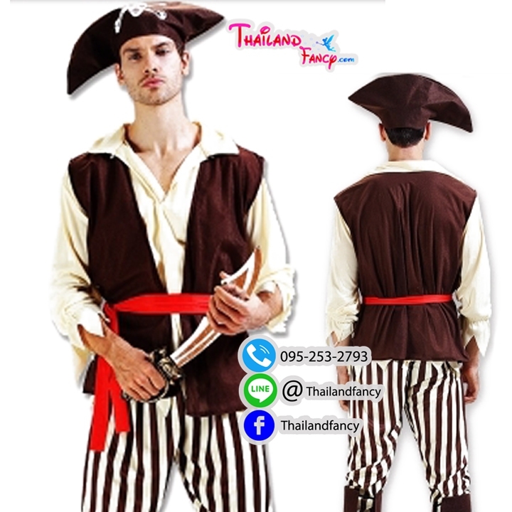 ชุดแฟนซีผู้ใหญ่ ชุดคอสเพลย์โจรสลัด Pirate Cosplay ชุดกัปตันแจ๊คสแปร์โรว์ ชุดโจรสลัดผู้ชายสีน้ำตาลกางเกงลายทางพร้อมหมวก
