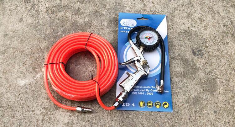 สายลมใยแก้ว สีส้ม ยาว 15 เมตร + ปืนเติมลมพร้อมเกจวัด ยี่ห้อ Shark