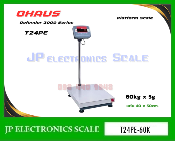 เครื่องชั่งดิจิตอล60kg เครื่องชั่งวางพื้น60kg เครื่องชั่งคุณภาพ60กิโลกรัม เครื่องชั่งน้ำหนัก60kg ตาชั่ง60กิโลกรัม กิโลดิจิตอล60kg เครื่องชั่ง60kg ค่าละเอียด5g ยี่ห้อ OHAUS รุ่น T24PE ขนาดแท่นชั่ง 40x50cm.