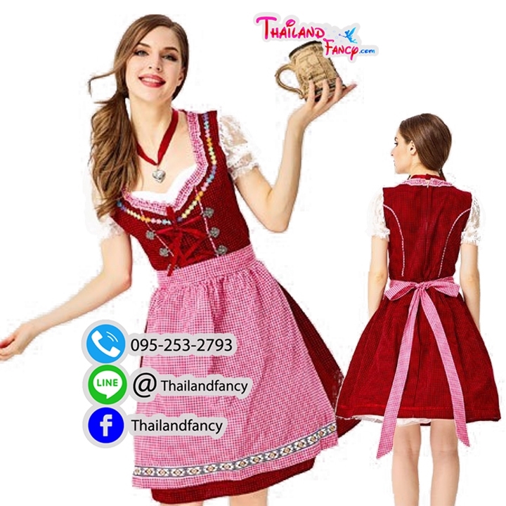 ชุดแฟนซีบาวาเรีย ชุดสาวเชียร์เบียร์ Oktoberfest ชุดสาวเสริฟ ชุดเทศกาลเบียร์ ชุดอ็อคโทเบอร์เฟส เยอร์มันคันทรีเสื้อตาสก็อตน้ำเงินผ้ากันเปื้อนแดง สำเนา