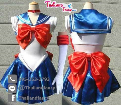 ชุดแฟนซี Cosplay Sailor Moon ชุดการ์ตูน ชุดเซเลอร์มูน น้ำเงินโบว์แดง พร้อมถุงมือ