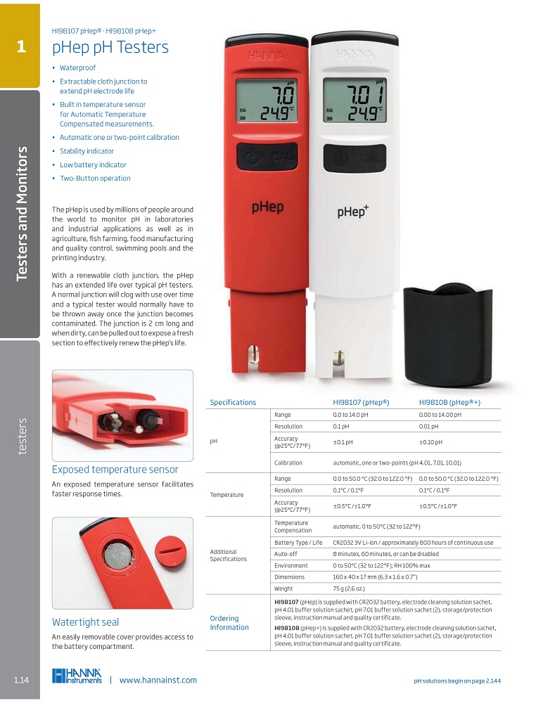 pHep pH Tester เครื่องวัด pH ดิจิตอล ยี่ห้อ Hanna [USA] รุ่น HI98107