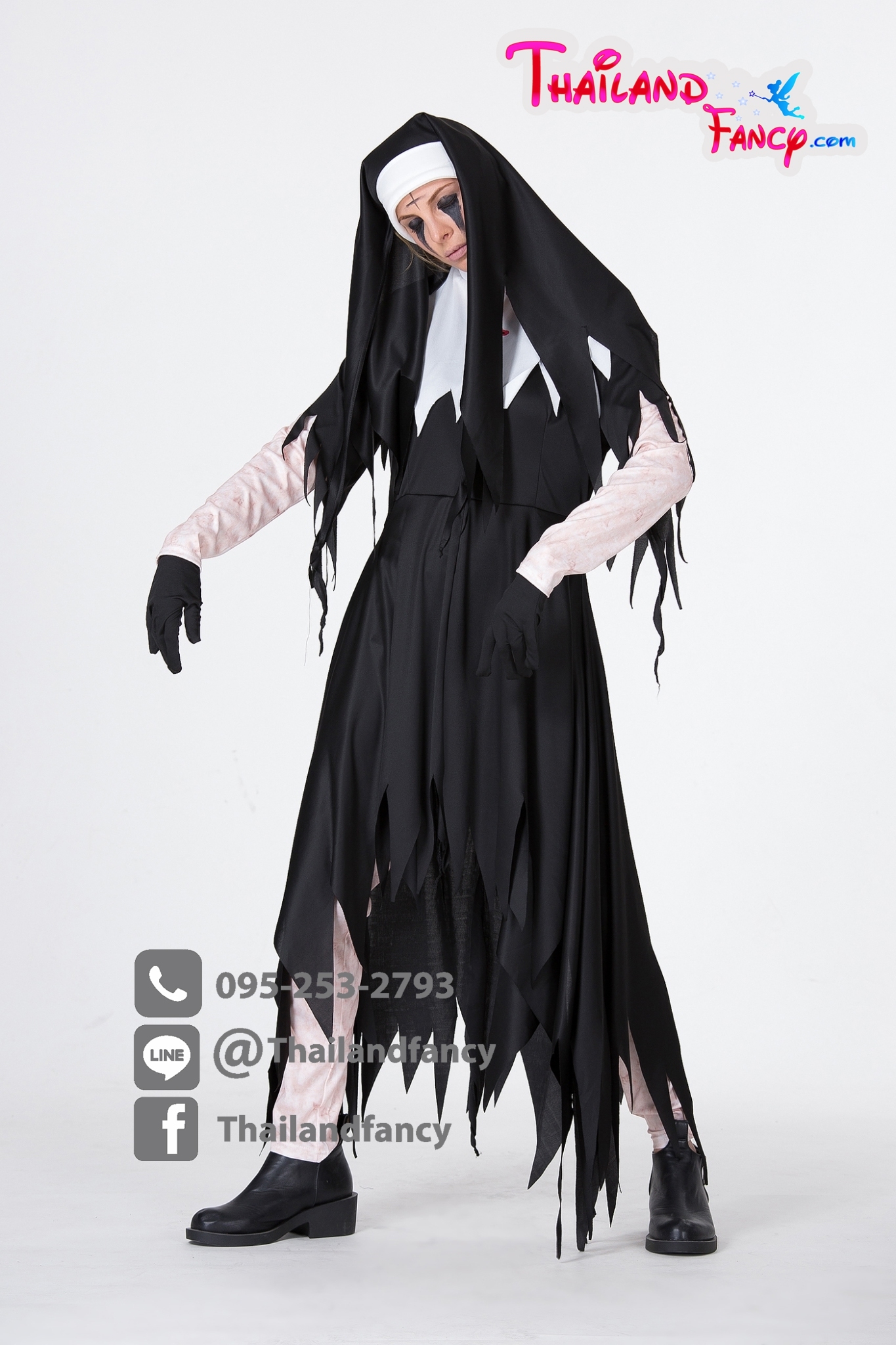 ชุดแฟนซีแม่ชีคริสต์ ชุดนักบวชผี ชุดซิสเตอร์บาทหลวง ชุดเดอะนันผี ชุดแม่ชีผี ชุดซอมบี้แม่ชีฝรั่ง ขาวดำปลายรุ่ย พร้อมผ้าคลุมศีรษะ